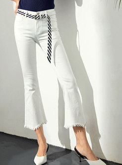 Trendy White Denim All-match Flare Pants With Rough Selvedge 