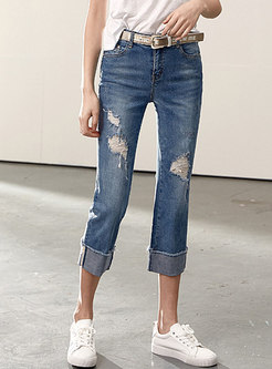 Chic Blue Denim Ripped Straight Pants With Tipped Hem