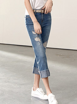 Chic Blue Denim Ripped Straight Pants With Tipped Hem