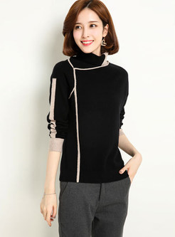 Stylish Turtle Neck Color-blocked Knitted Sweater