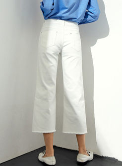 White Embroidered Hollow Out Frayed Wide Leg Pants