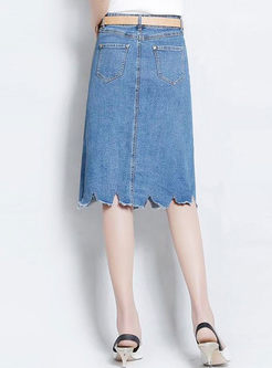 Blue Denim Asymmetric Frayed A Line Skirt