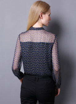Sexy Tied Perspective Silk Geometric Print Blouse
