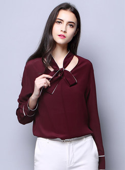 Fashion Tied Hollow Out Slim Silk Blouse