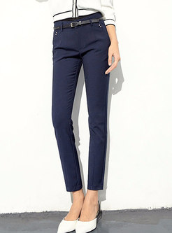 Casual Blue Denim Belted Straight Pencil Pants 