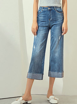Ethnic Blue Tipped Hem Straight Pants With Ripped Detailing