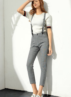 Chic Casual Grey Plaid High-Low Hem Overalls