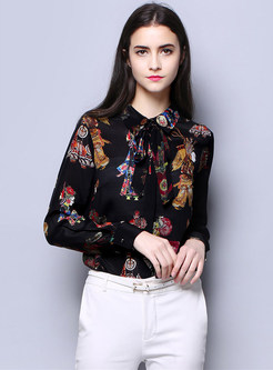 Lapel Tied Print Single-breasted Silk Blouse