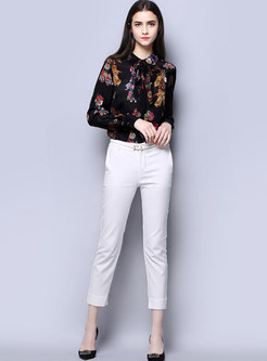 Lapel Tied Print Single-breasted Silk Blouse
