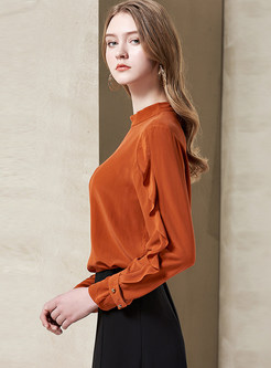 Solid Color Stand Collar Hollow Out Falbala Silk Blouse