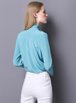 Pure Color Stand Collar Tied Slim Slit Blouse