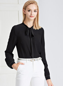 Black Tied-collar Top-stitched Silk Blouse