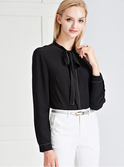 Black Tied-collar Top-stitched Silk Blouse