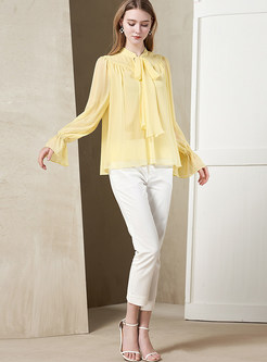 Solid Color Flare Sleeve Tied Loose Blouse