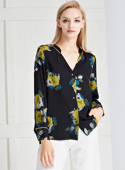 Trendy Deep V-neck Single-breasted Printed Blouse