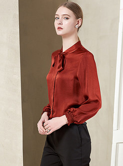 Stylish Stand Collar Single-breasted Blouse With Bowknot