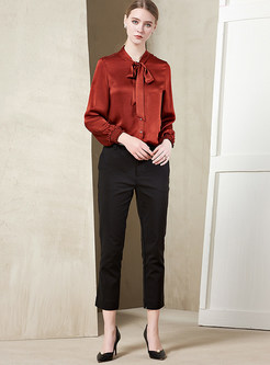 Stylish Stand Collar Single-breasted Blouse With Bowknot