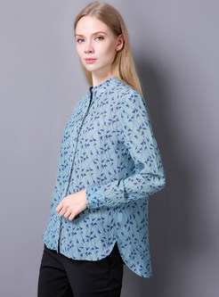 Chic Slim Stand Collar All Over Print Blouse 