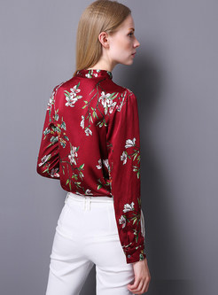 Slim Red Print Pullovers Blouse With Bowknot 
