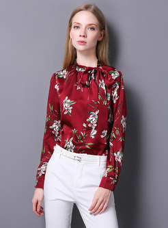 Slim Red Print Pullovers Blouse With Bowknot 