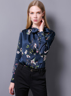 Chic Blue Print Pullovers Slim Blouse With Bowknot 