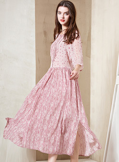 Fashion Pink Half Sleeve A Line Pleated Hem Dress 