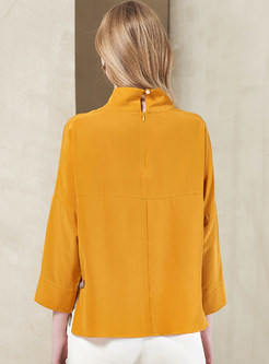 Yellow Stand Collar Three Quarters Sleeve Straight Blouse 