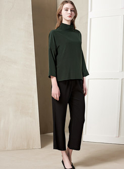 Green Stand Collar Three Quarters Sleeve Straight Blouse 