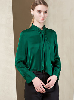 Green Stand Collar Bowknot Blouse 