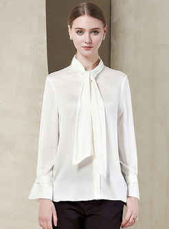 Casual White Stand Collar Bowknot Semi-sheer Blouse 