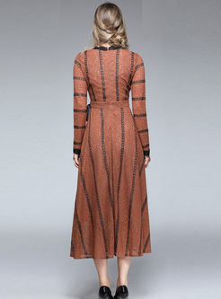 Striped V-neck High Waist Belted Lace Maxi Dress