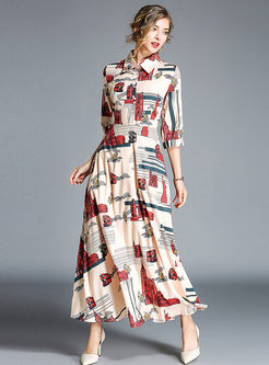 Chic Print High Waist Lapel A Line Maxi Dress