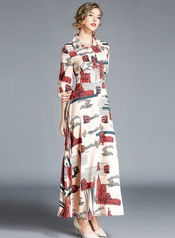 Chic Print High Waist Lapel A Line Maxi Dress