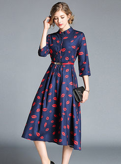 Chic Print Three Quarters Sleeve Belted A Line Dress