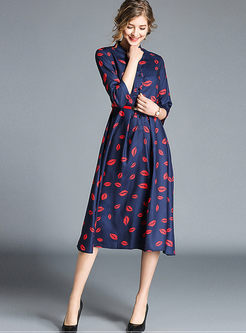Chic Print Three Quarters Sleeve Belted A Line Dress