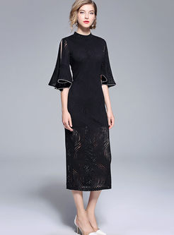 Trendy Black Flare Sleeve Hollow Out Sheath Lace Dress