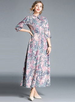 Elegant Print Three Quarters Sleeve Lapel High Waist Maxi Dress