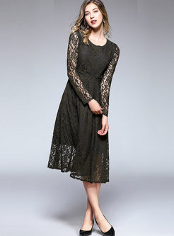 Solid Color Hollow Out Long Sleeve High Waist Slim Lace Dress