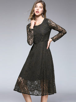Solid Color Hollow Out Long Sleeve High Waist Slim Lace Dress