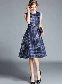 Grid Print Sleeveless High Waist Slim A Line Dress