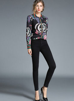 Color-blocked Print Lapel Single-breasted Blouse