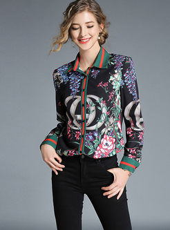 Color-blocked Print Lapel Single-breasted Blouse