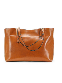 Brown Cowhide Zippered Single-shoulder & Top Handle Bag
