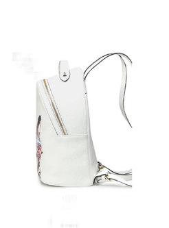 Chic White Cat Print Cowhide Zip-up Backpack