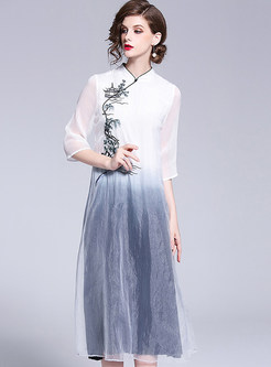 Vintage Mandarin Collar Embroidered Slim Dress