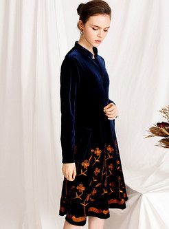 Velvet Mandarin Collar Long Sleeve Slim Dress