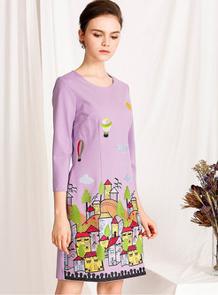 Purple Three Quarters Sleeve Embroidered Slim Dress