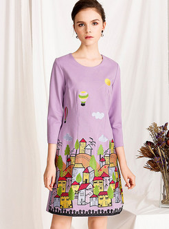 Purple Three Quarters Sleeve Embroidered Slim Dress