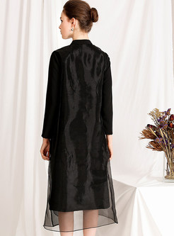 Black Mandarin Collar Mesh Embroidered Improved Cheongsam Dress