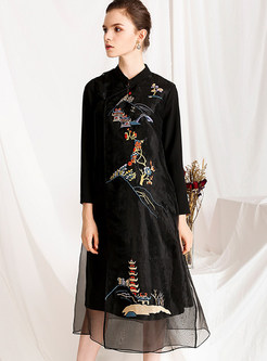 Black Mandarin Collar Mesh Embroidered Improved Cheongsam Dress